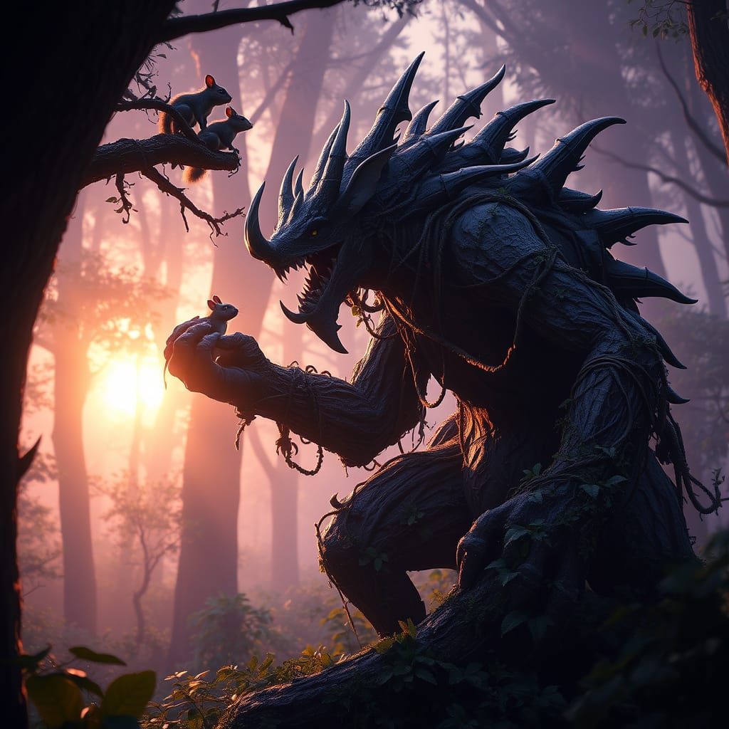 Kind Forest Beast Helping Squirrels in Magical Forest