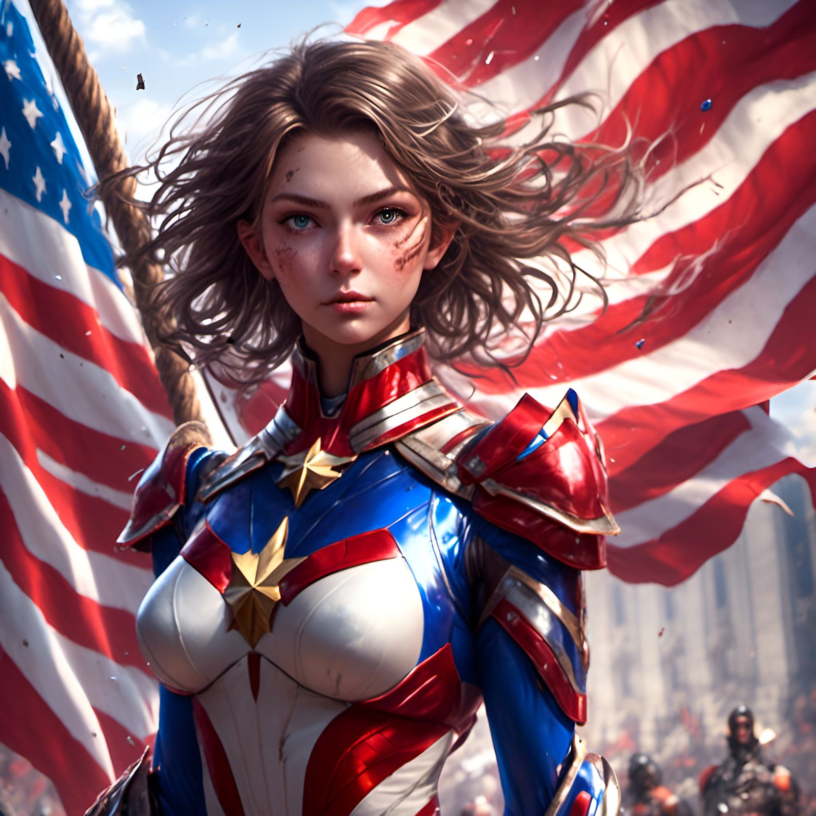 American Flag Superhero Warrior Princess in Comic Style