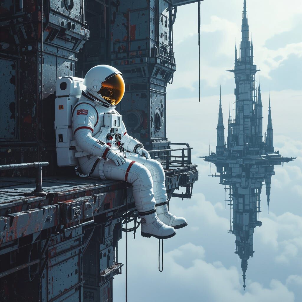 Astronaut Tethered to Gothic Space Station in Deep Space