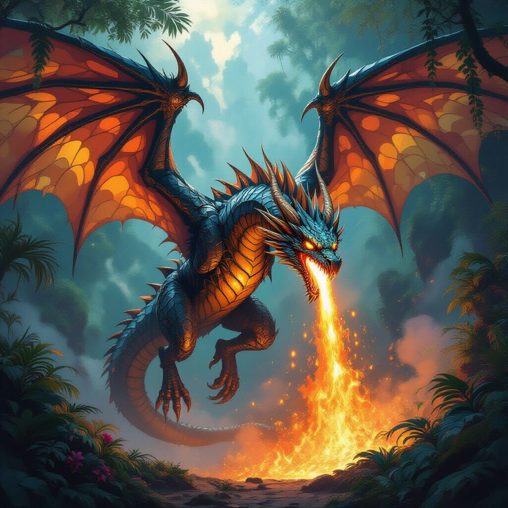 Bio-Mechanical Dragon Unleashes Molten Gold in Alien Jungle