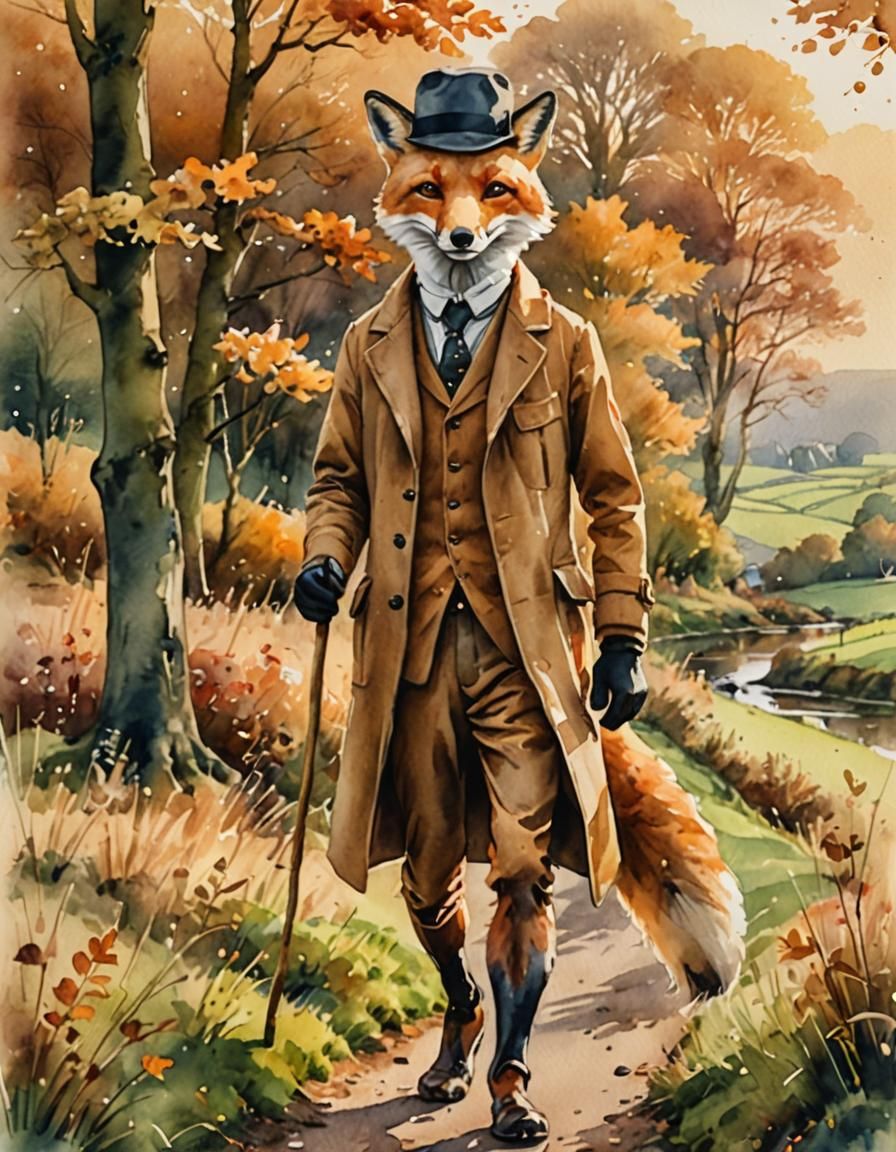 Fox in Hunting Suit: English Countryside Watercolor