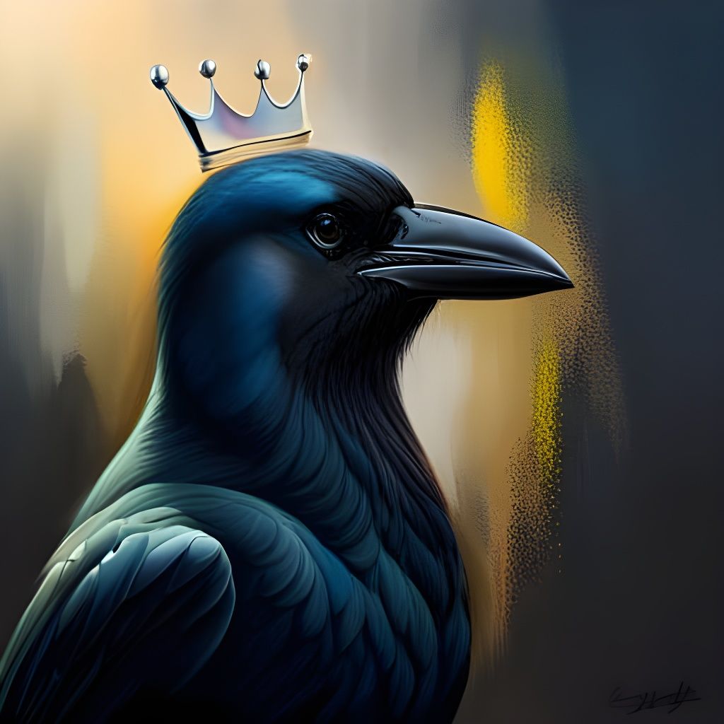 Crowned Crow Portrait in Hyperrealistic Splash Art