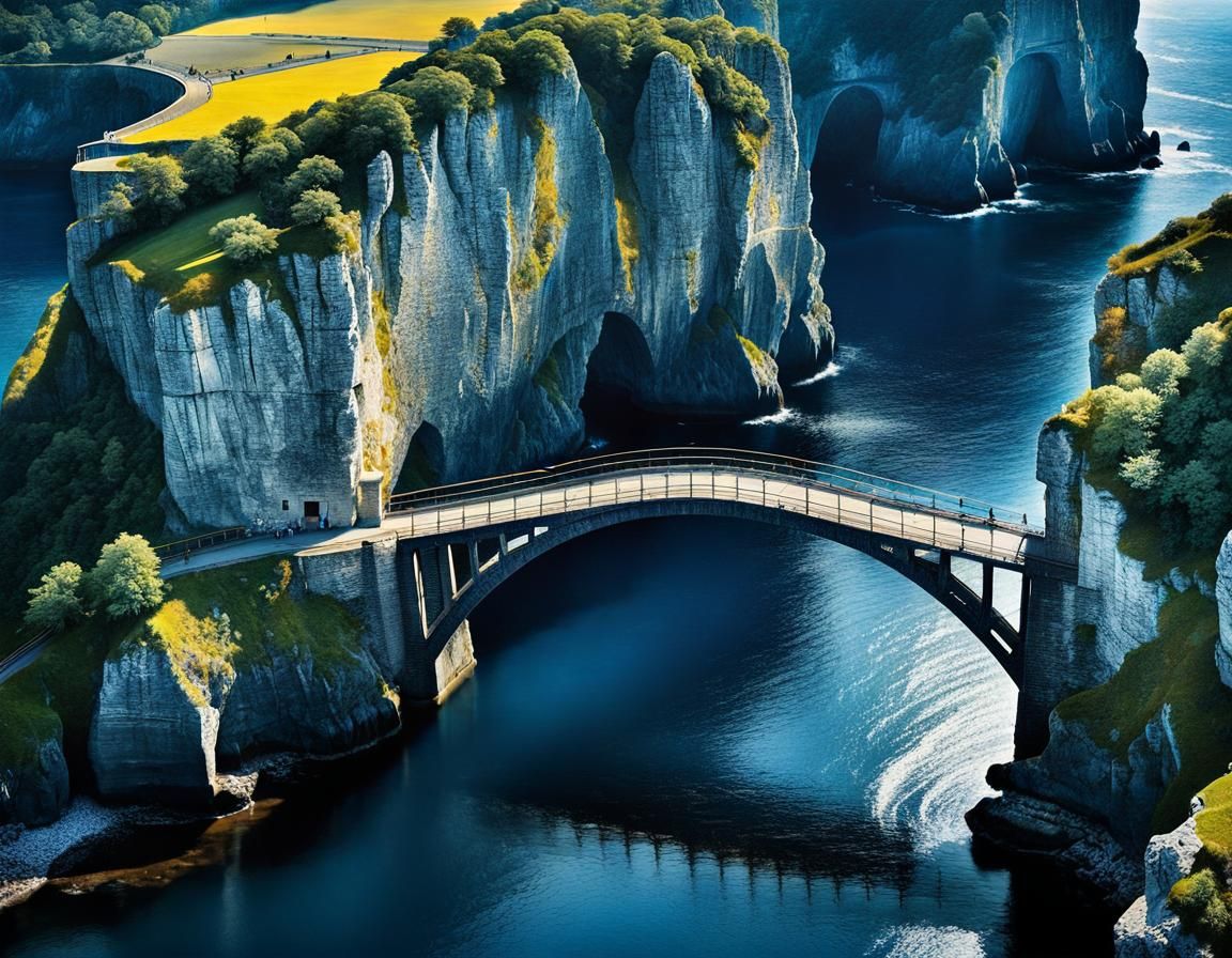 Epic Cyanotype Seascape with Cliffs and Bridges