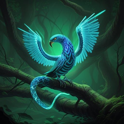 Bioluminescent Serpent-Bird Coils Around Ancient Tree