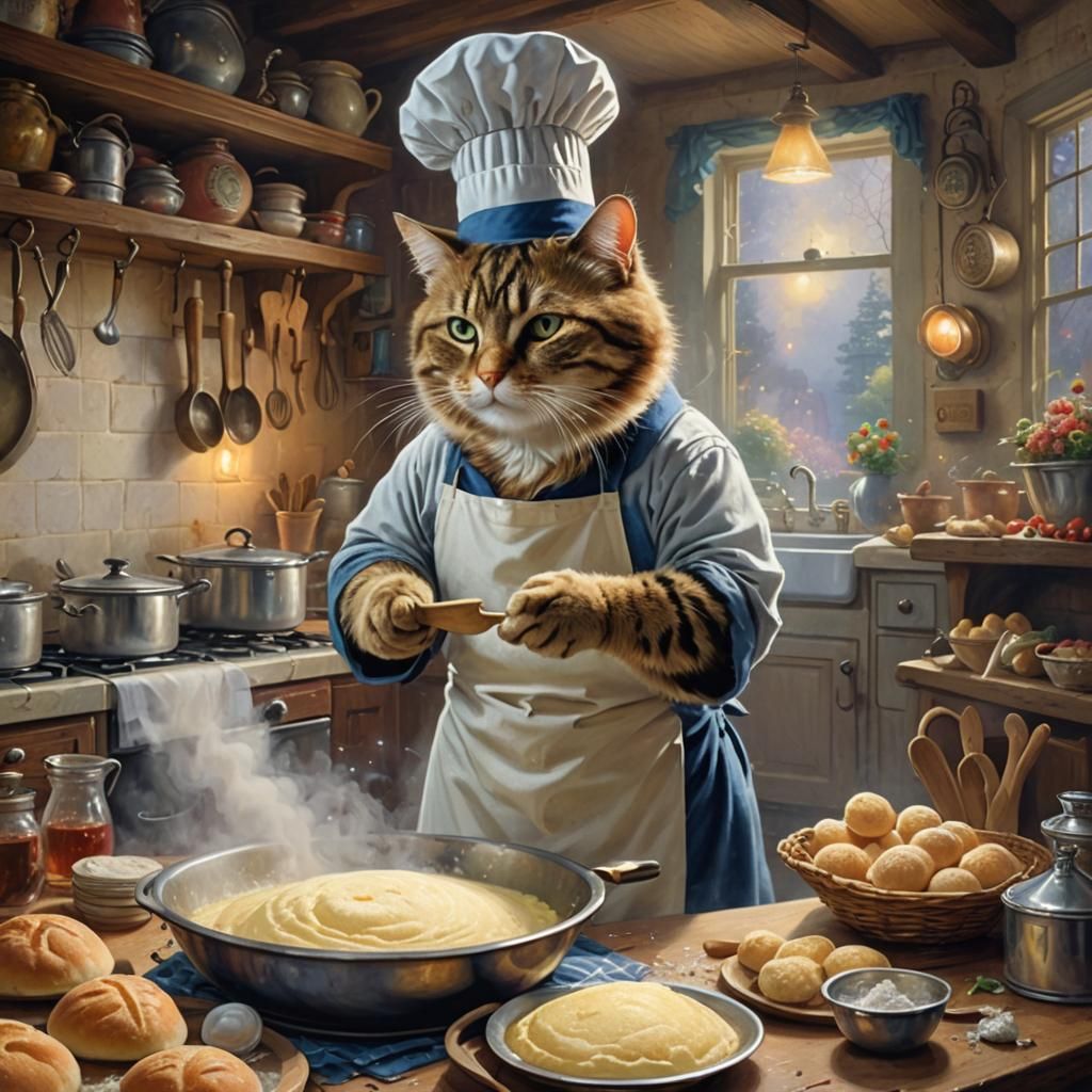 Cat Chef Mixing Dough: Ethereal Fantasy Kitchen