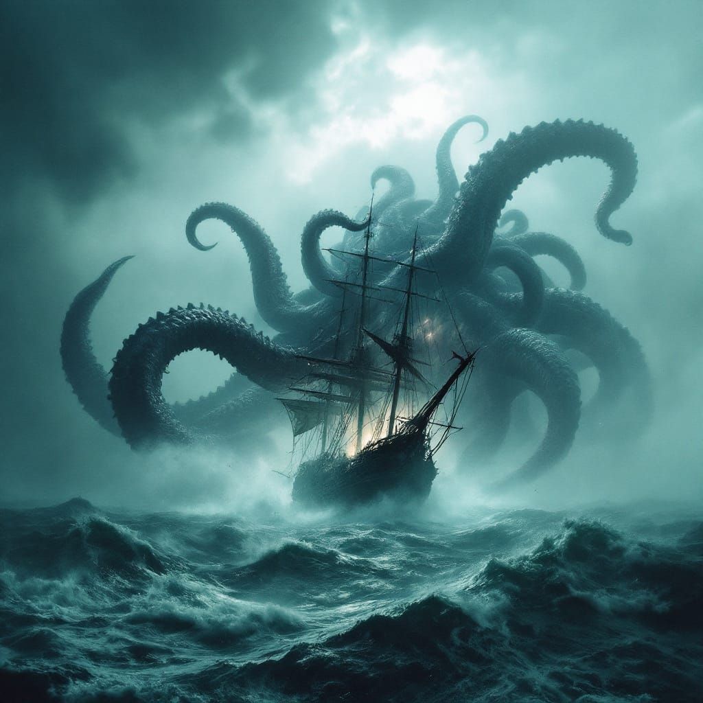 Kraken Attacks Pirate Ship: Cinematic Film Still