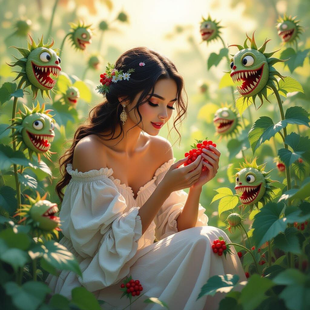 Ethereal Fashionista in a Poisonous Garden, Gouache Style