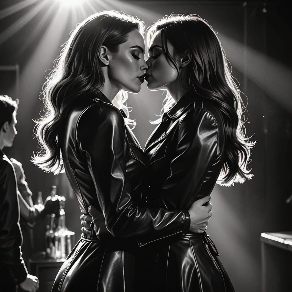 A Female Couple in Leather Gowns Kisses in Sunlit Black and ...
