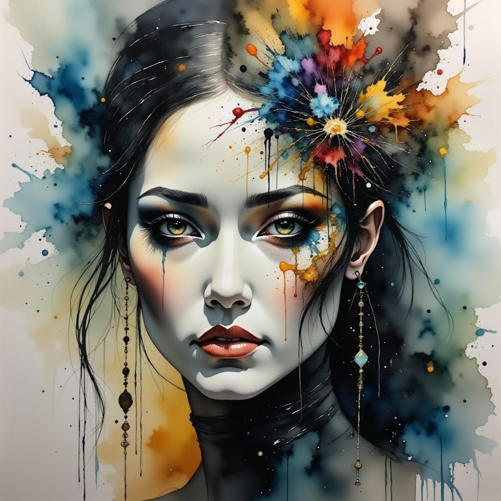 Beautiful Female Cyborg in Water-Ink Color Style