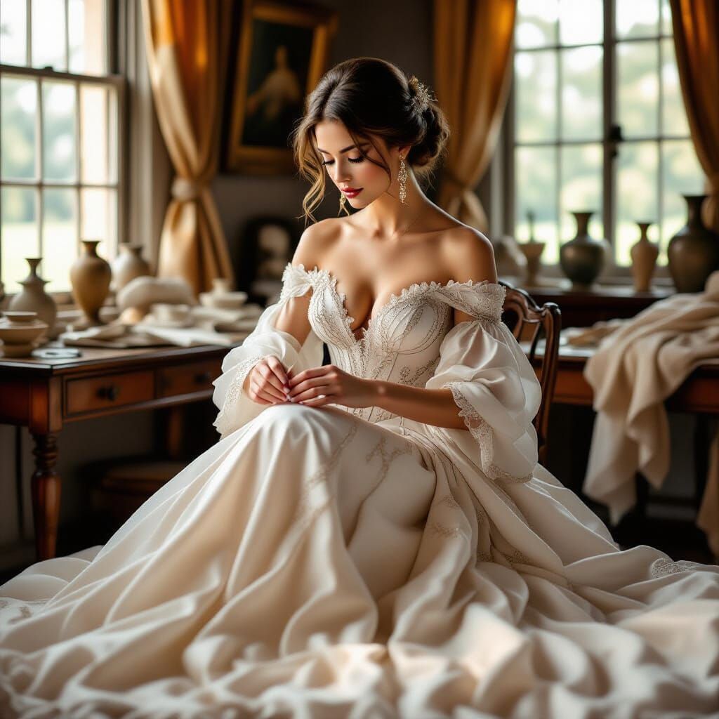 Seamstress Finishing Gown in Classical Oil Painting Style