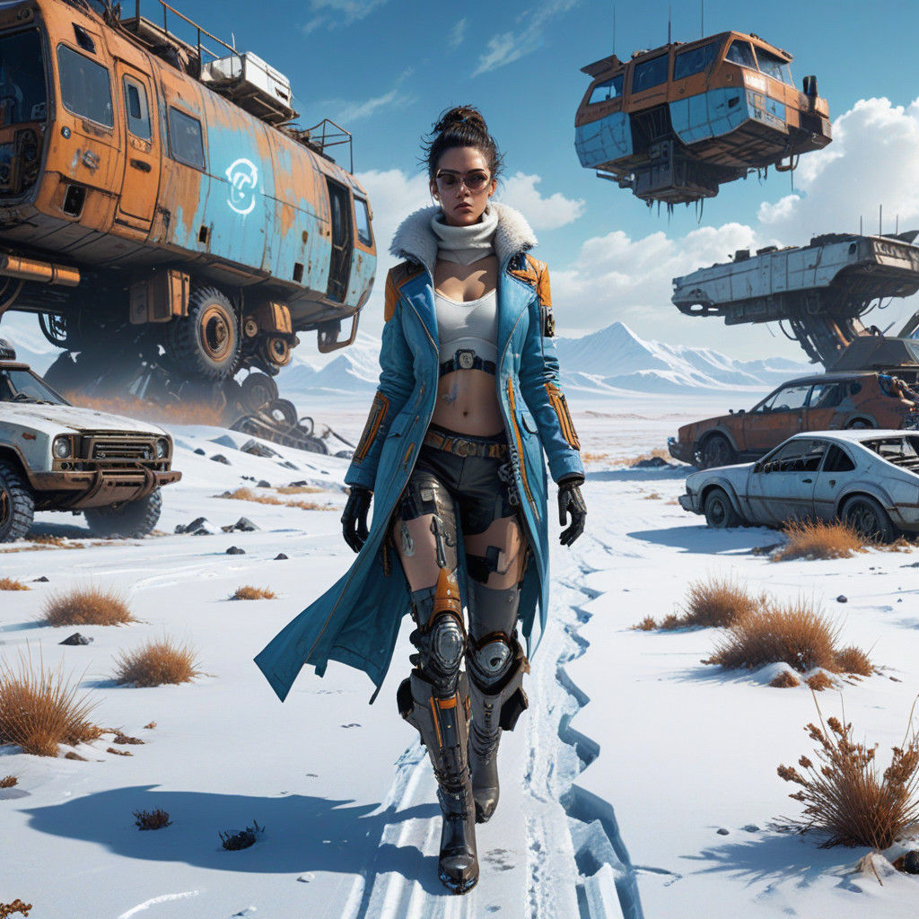 Cyberpunk Woman Wanders Amidst Abandoned Cars in Icy Post-Ap...