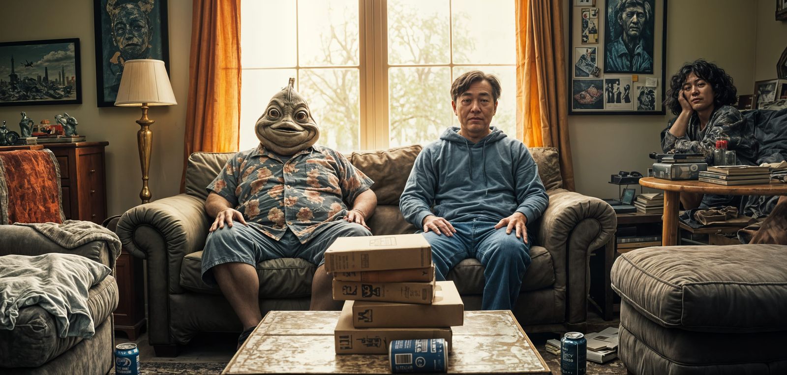 Humanoid Fish Man and Asian Man Relax in Sunlight