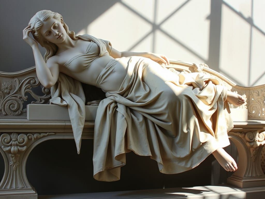 Marble Statue of Woman on Bench in Bernini Style