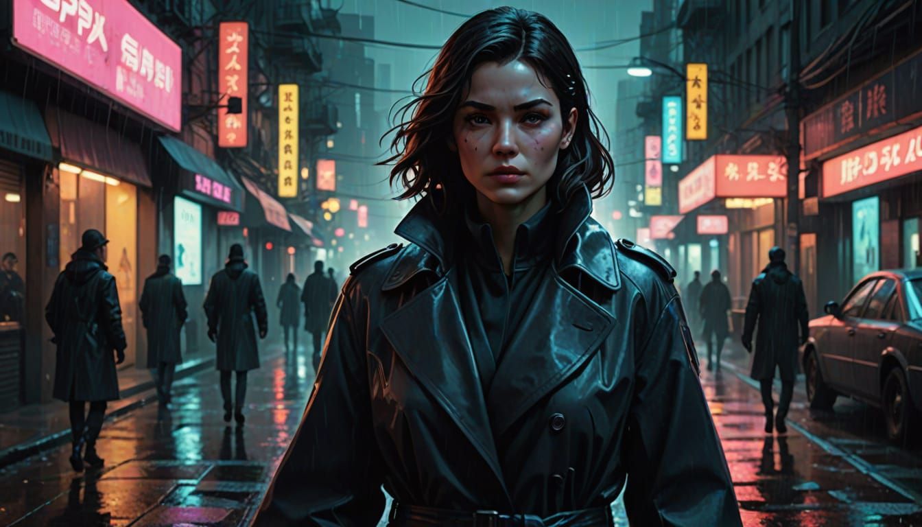 Female Operative in Retro-Futuristic Noir City