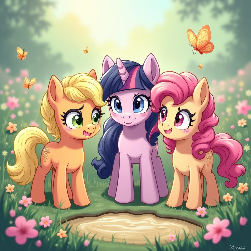 Flower Ponies in Lush Anime Meadow