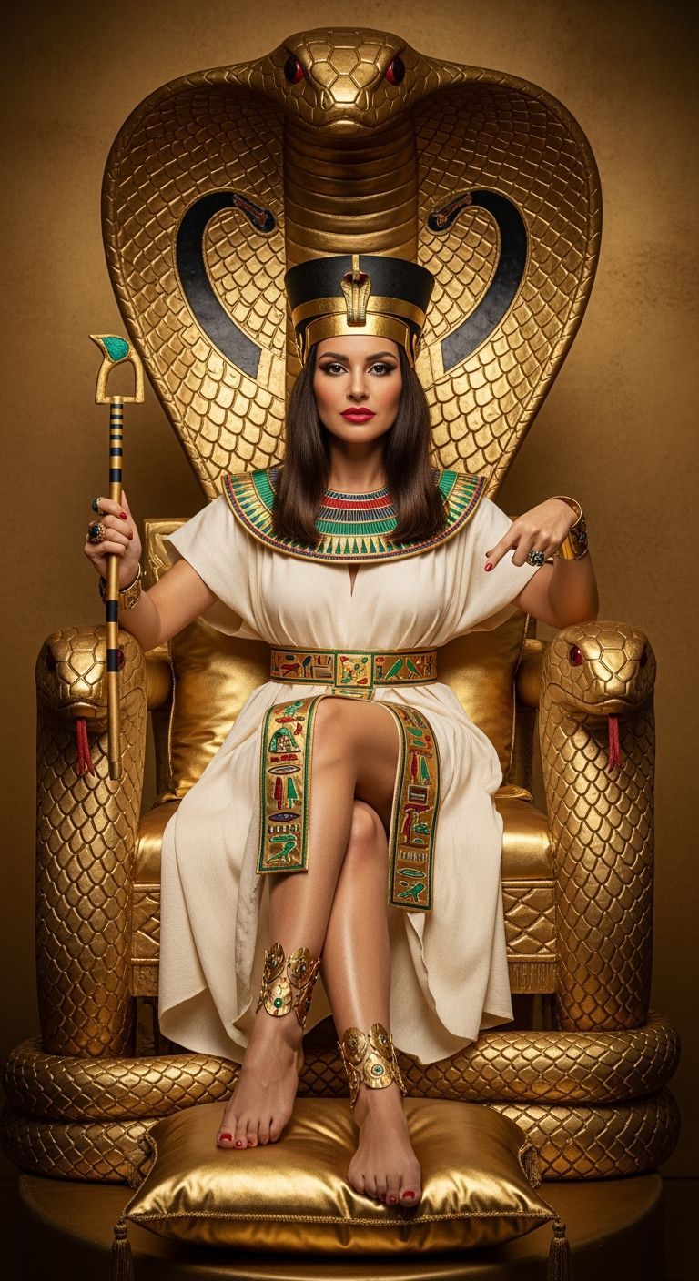 Regal Egyptian Queen on Golden Cobra Throne