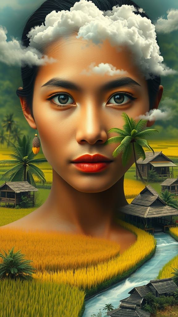 Surreal Indonesian Goddess Blends with Vibrant Village Scene...