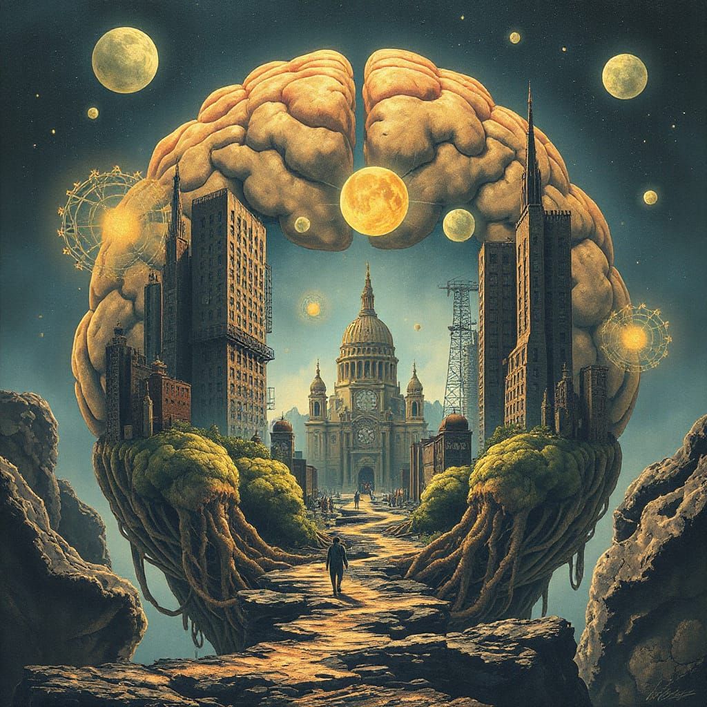 Retro-Futuristic Brain Landscape in Dreamlike Cityscape