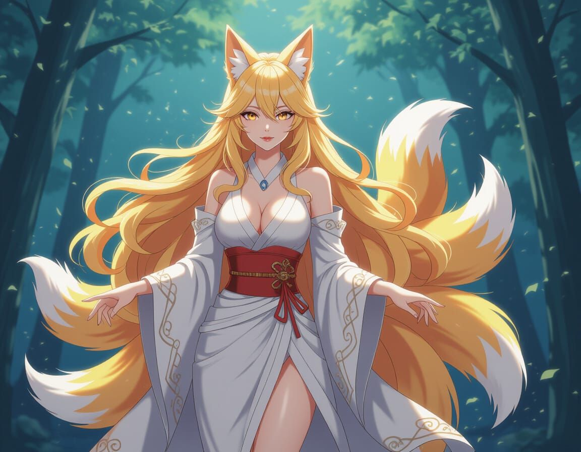 Graceful Kitsune Woman in Anime Semi-Realism Style