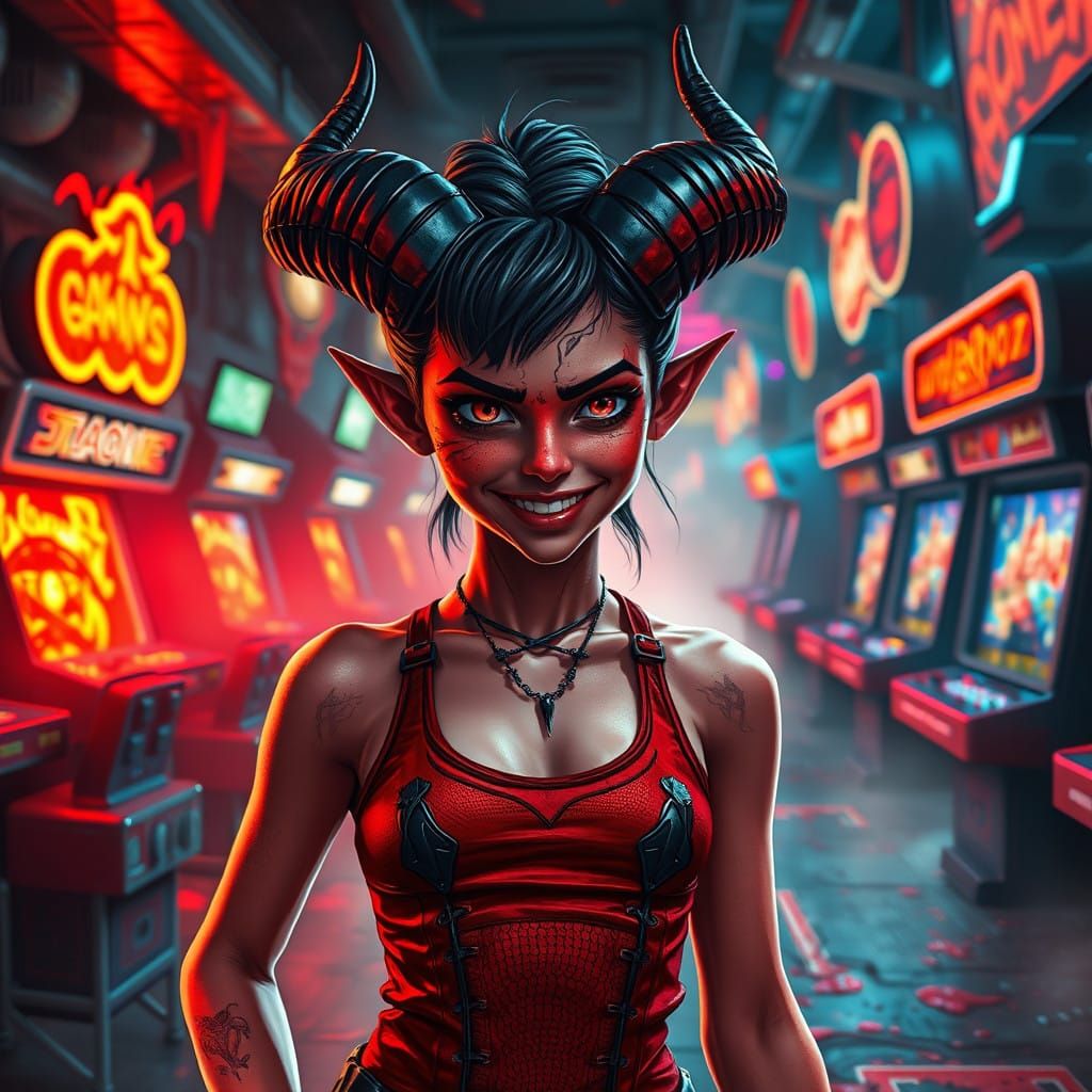 Mischief Embodied: Red-Horned Demoness in Hellish Arcade