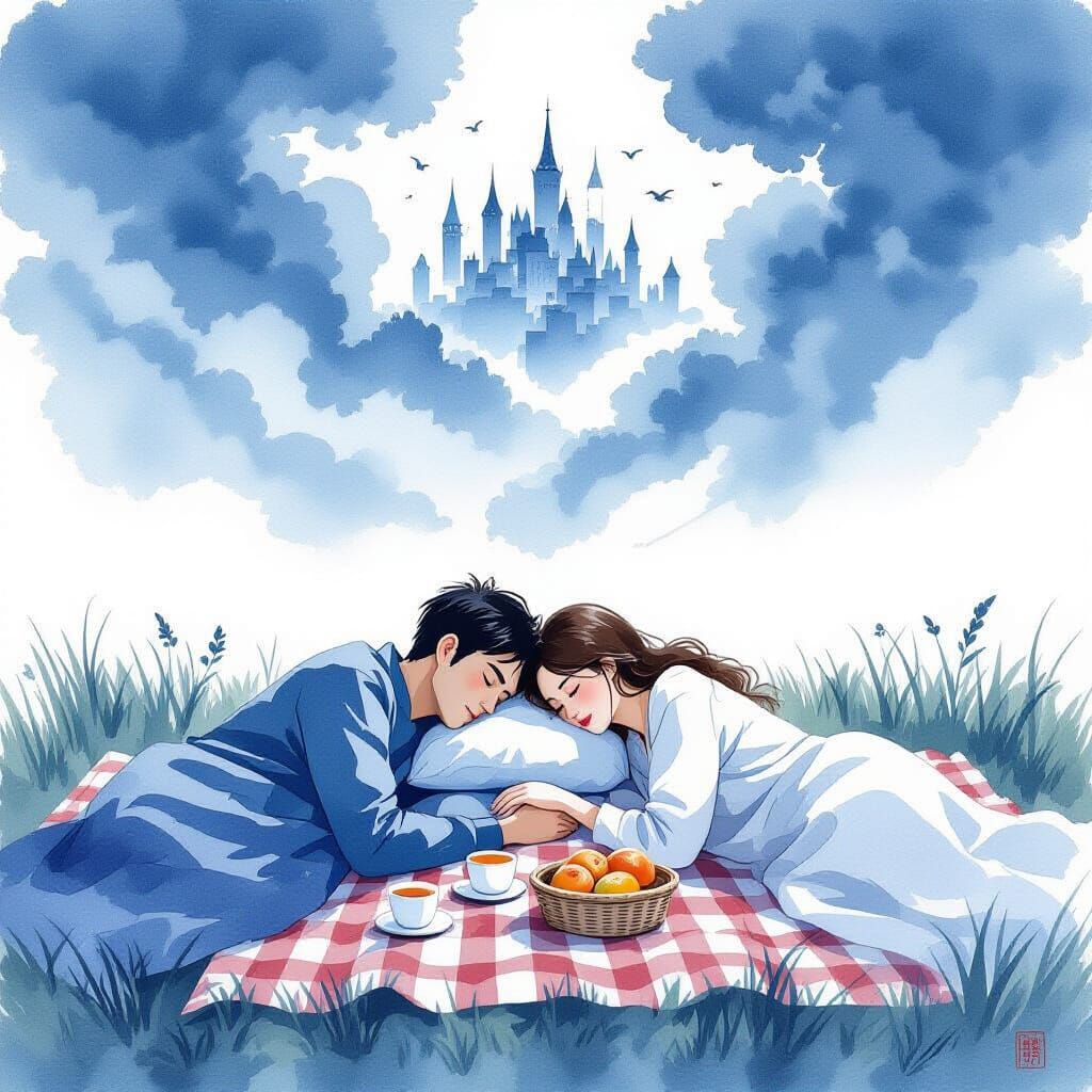 Sumi-e Ink Wash Painting of Sleeping Couple and Floating Cit...