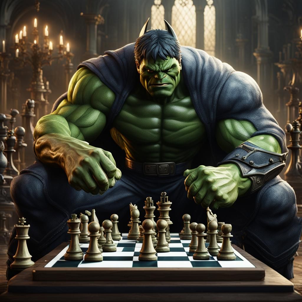 Hulk and Batman Play Chess: Detailed Matte Painting