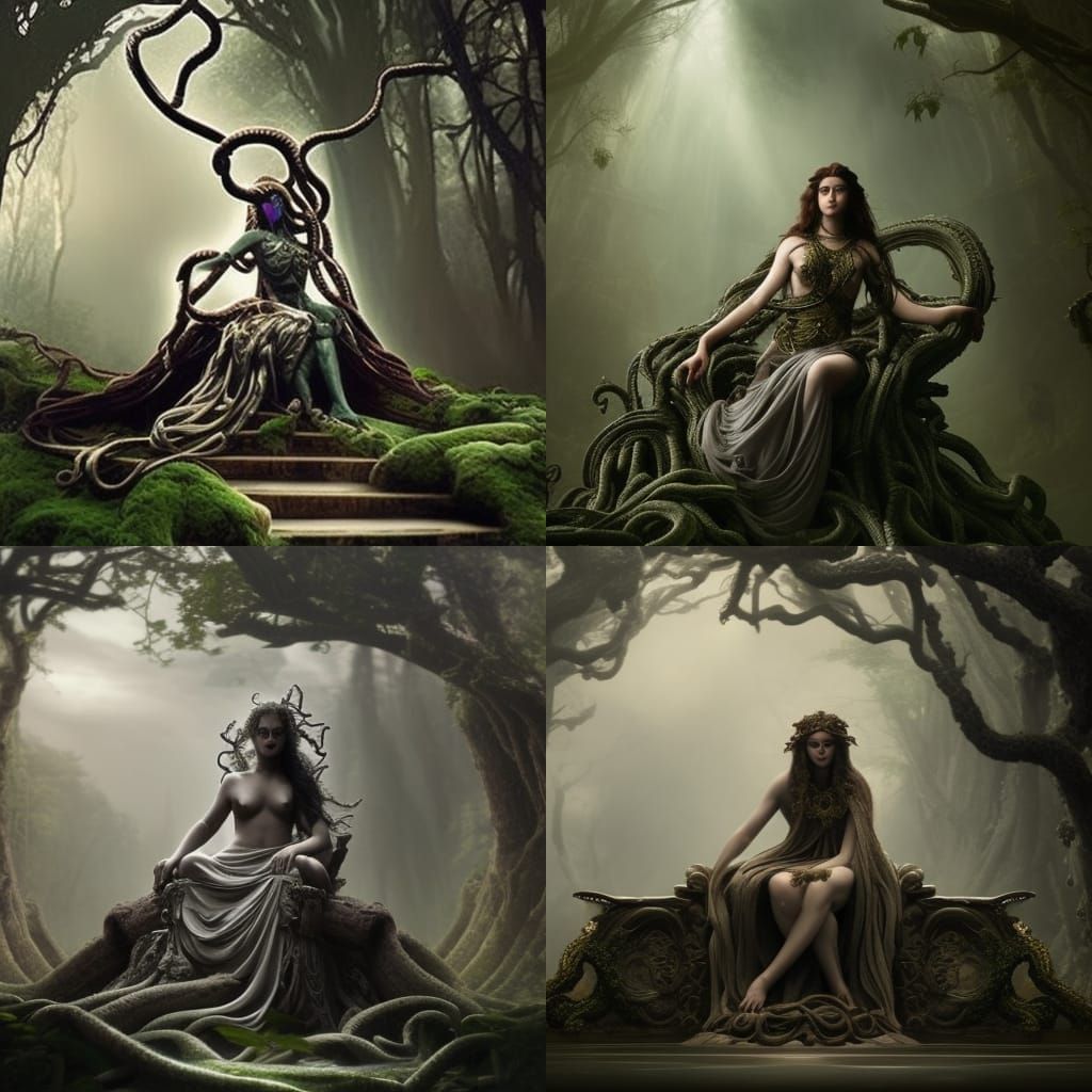 Medusa on Throne in Ominous Forest Digital Painting