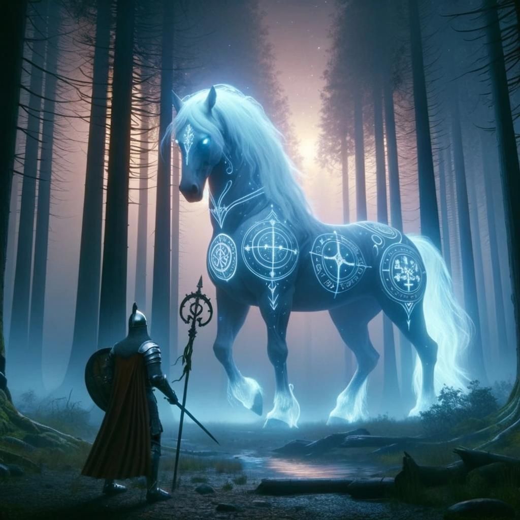 Mystical Warrior and Ethereal Horse in Forest Clearing