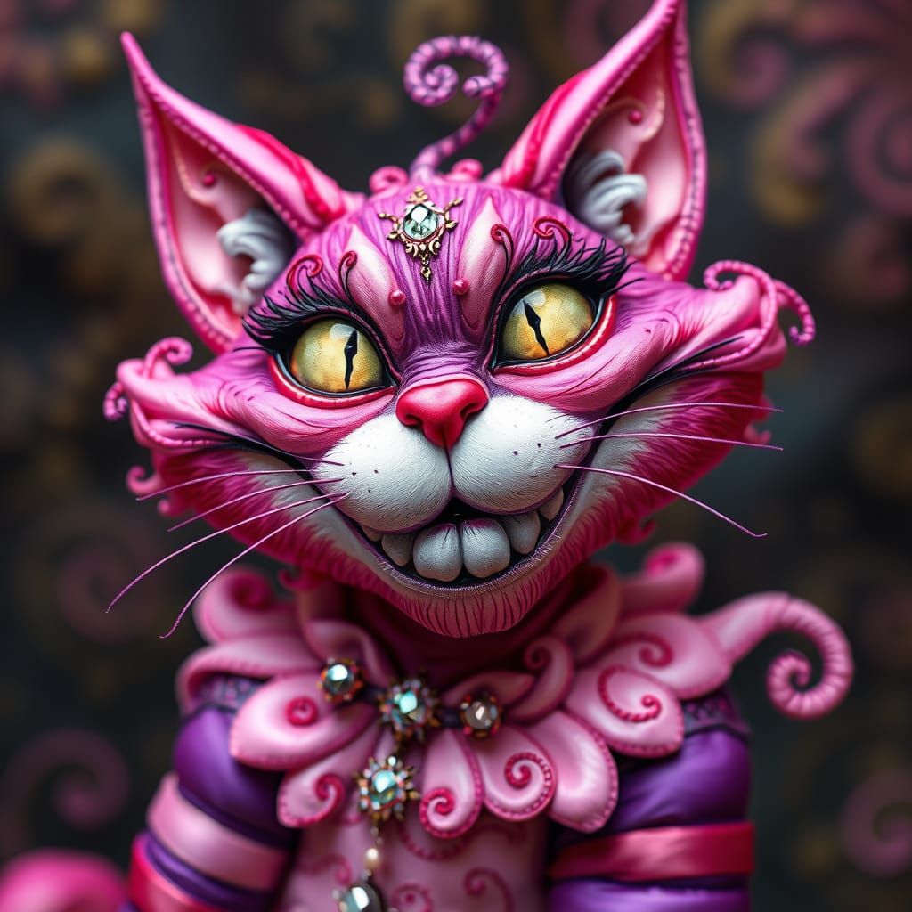 Whimsical Silk Cheshire Cat with Jewels and Opulent Patterns