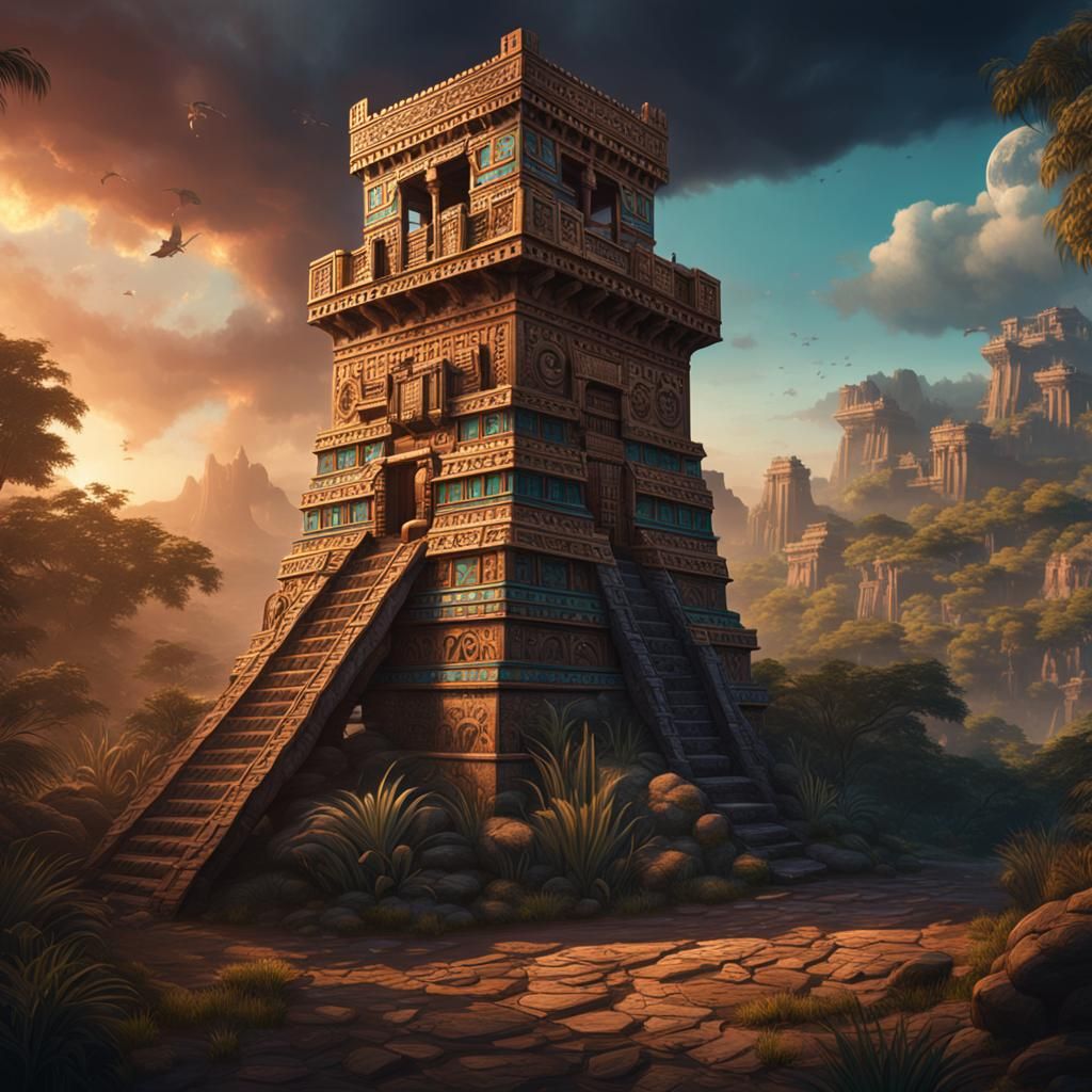 Aztec Watch Tower in Classical Age: Detailed Matte Painting