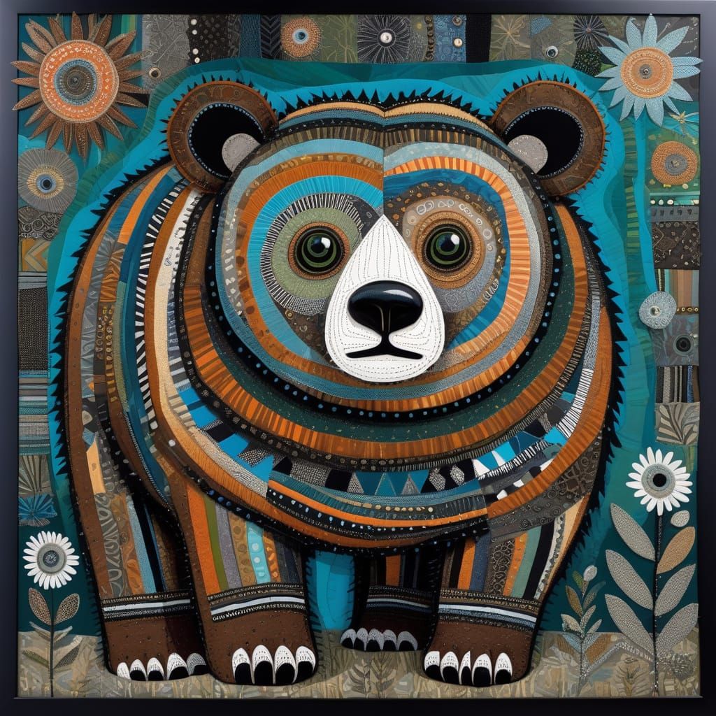 Whimsical Striped Bear Collage in Textile Art Style