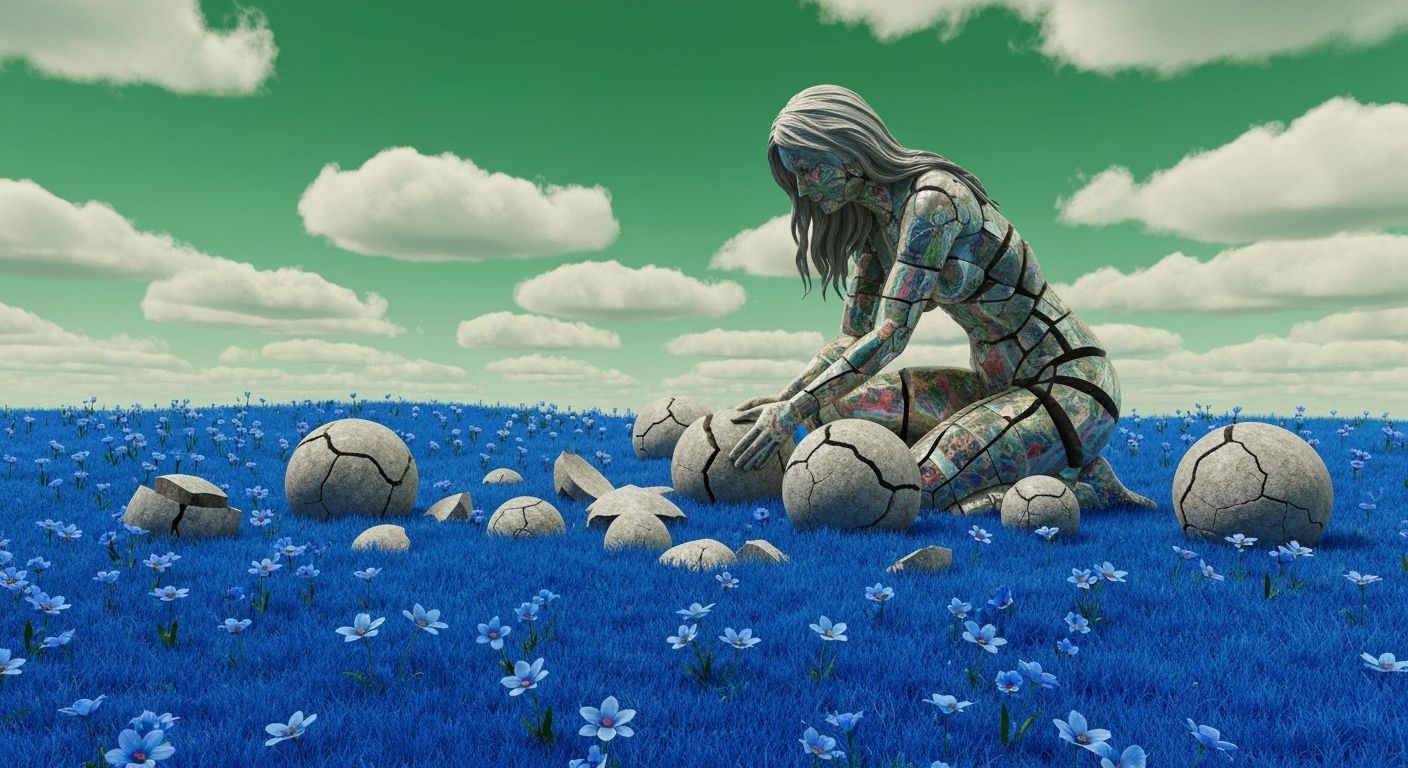 Surreal Blue Flower Landscape Under Green Sky Sculpture