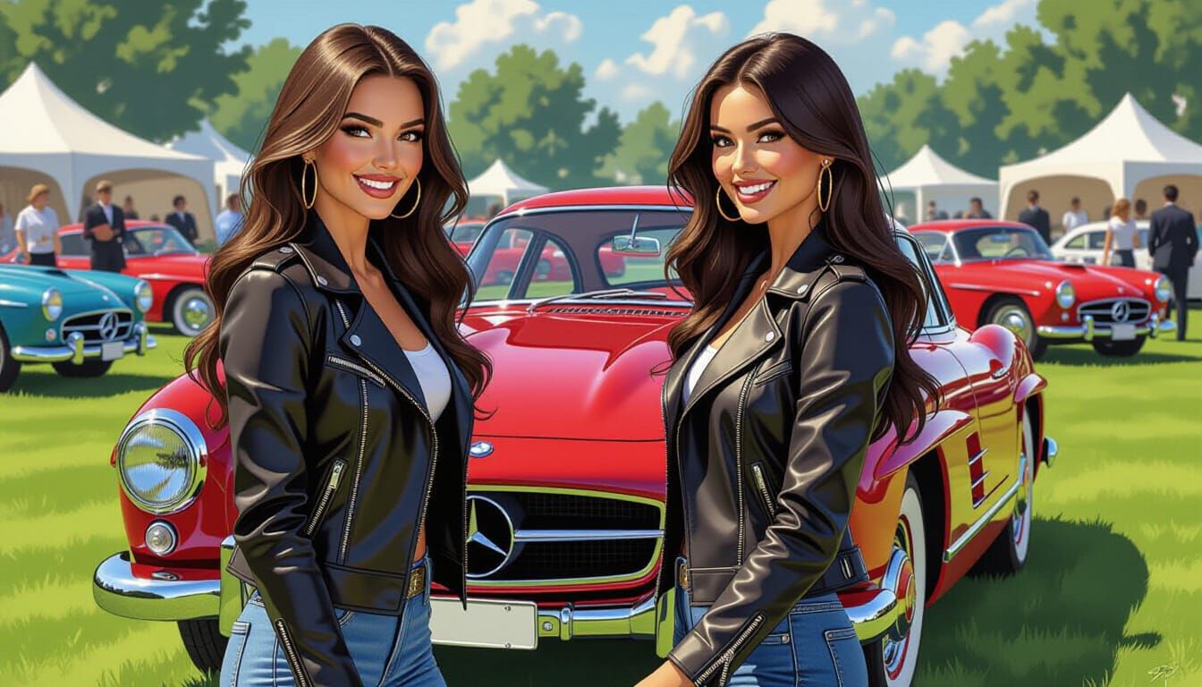 Women Admire Classic Mercedes Gullwing at Auto Show