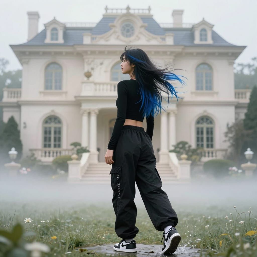 Fashionable Woman in Black Outfit at Luxurious Mansion