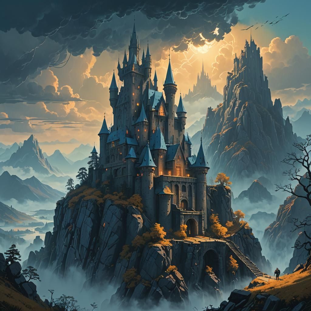 Grand Castle Rising from Mist, Fantasy Concept Art