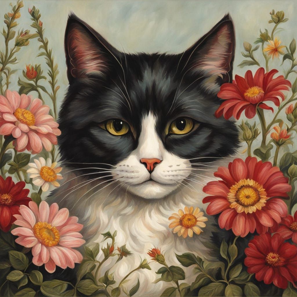 Cute Cat in a Floral Still Life in the Style of Clara Peeter...