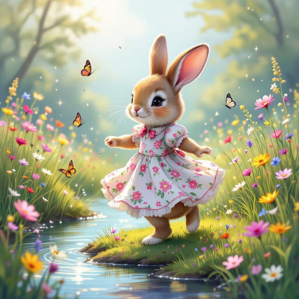 Enchanting Bunny in Meadow Gouache Illustration
