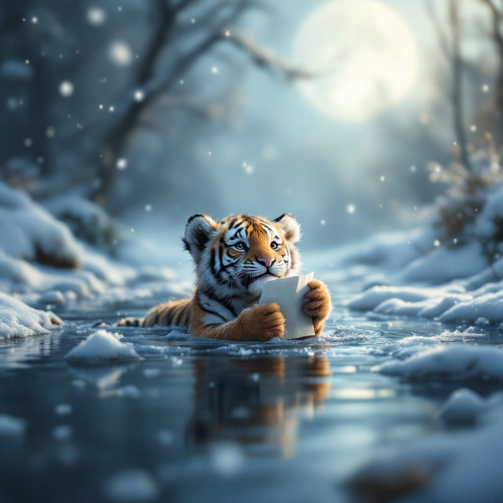 Serene Tiger Cub Adrift on a Snowy River