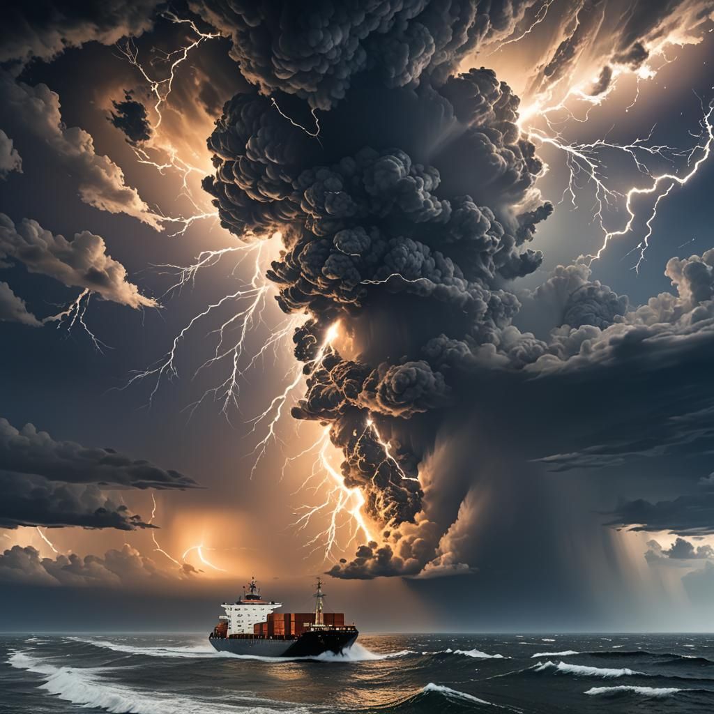 Magnetic Storm Over Ocean Freight Ship