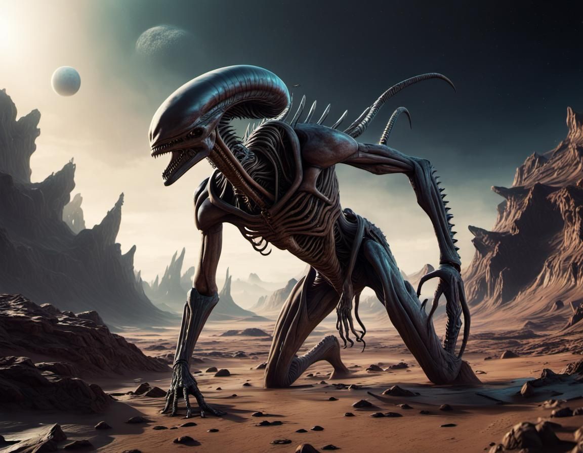 Alien Xenomorph on Barren Planet: Detailed Matte Painting