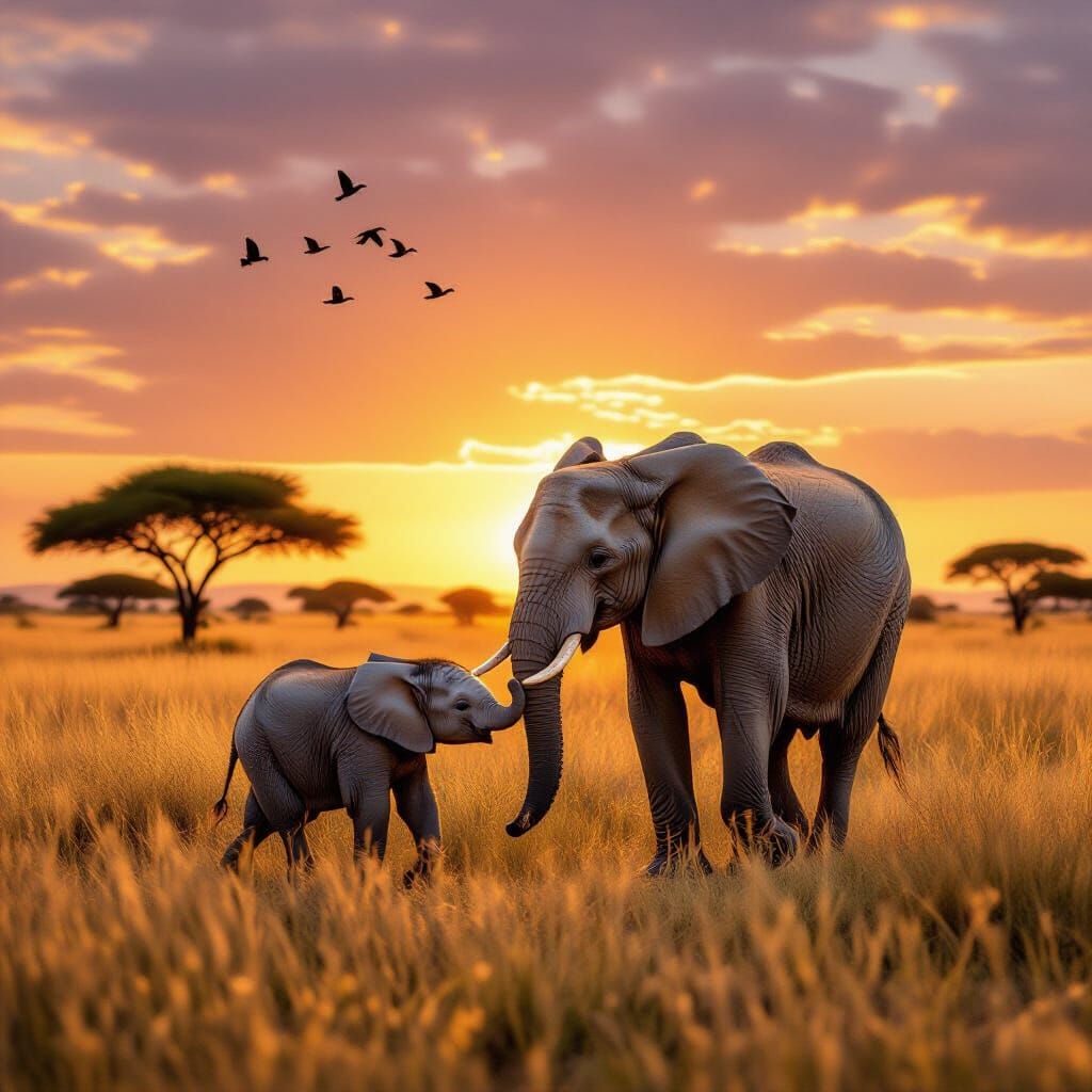 Elephant Mother and Baby at Sunset