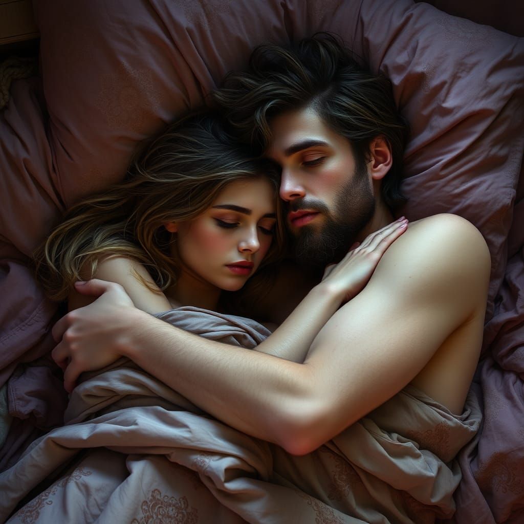 Romantic Embrace in Art Nouveau Style