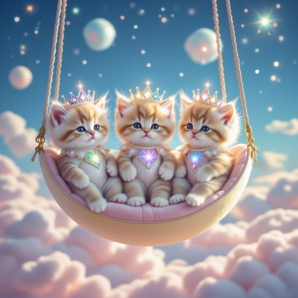 Kittens with Galaxy Crowns on Moon Swing