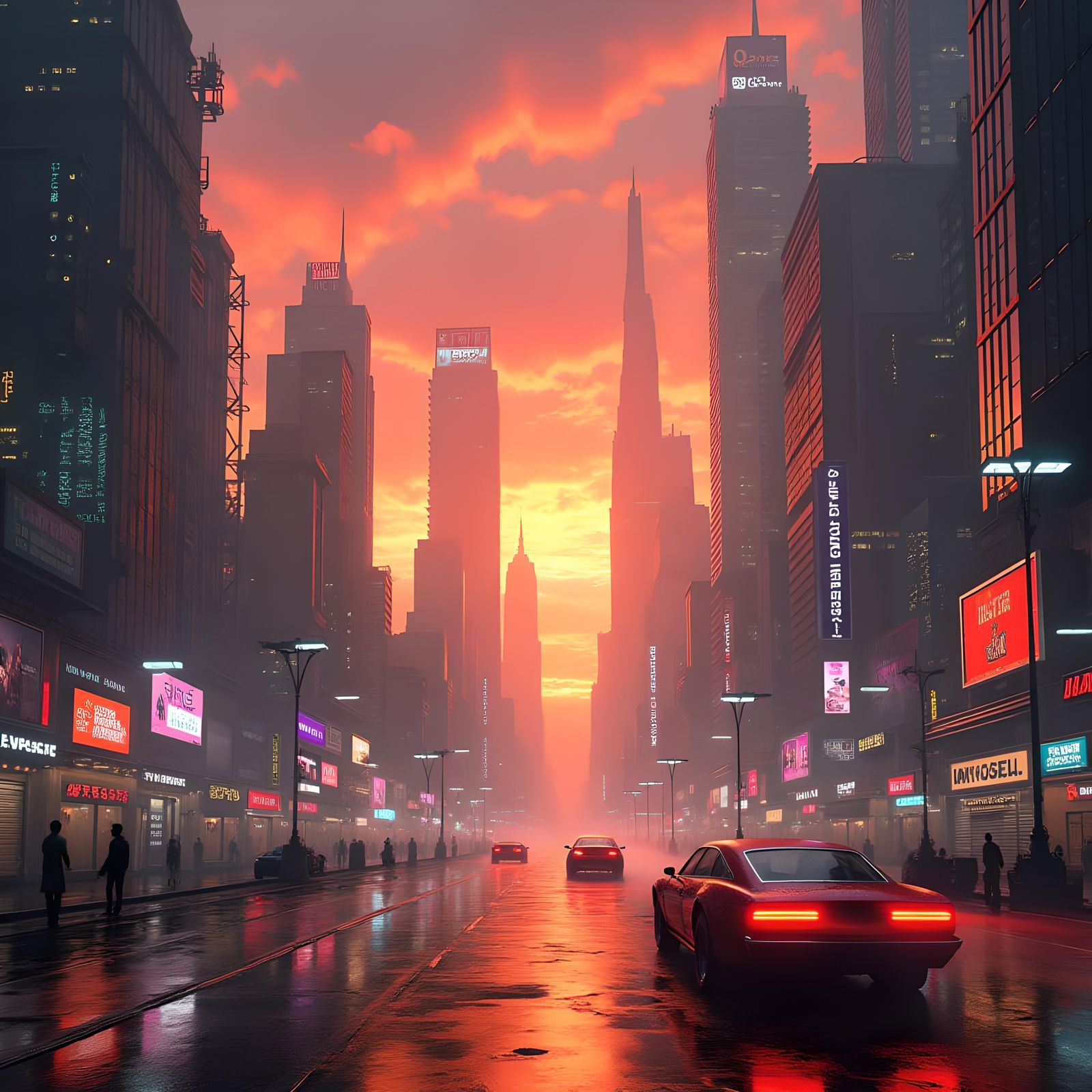 Futuristic Cityscape at Sunset in Cyberpunk Style