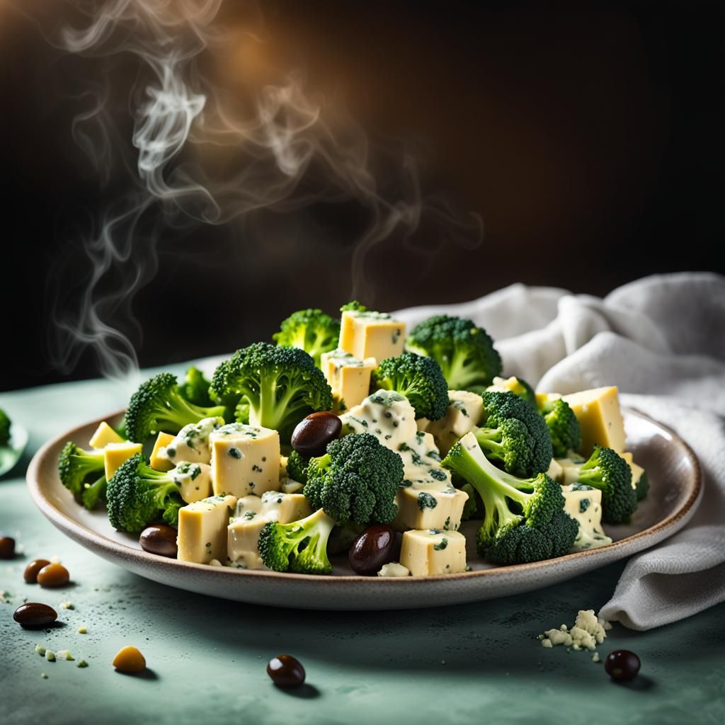 Steaming Broccoli and Olive Salad in Digital Art Style