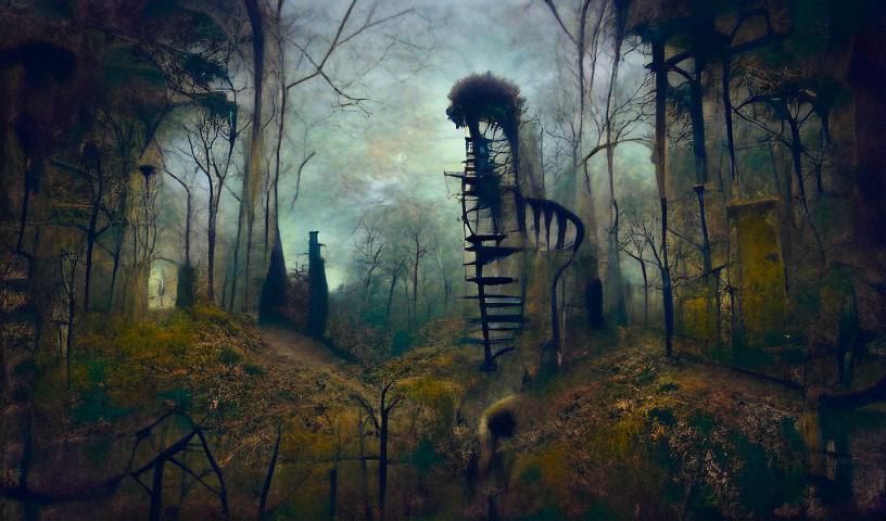 Eerie Staircase in Misty Forest: Gothic Concept Art