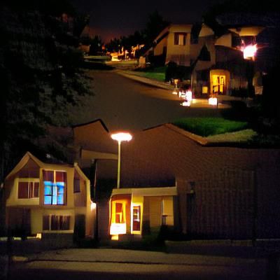 Suburban Night Scene with Illuminated Streetlights
