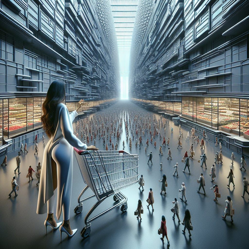 Surreal Futuristic Supermarket Scene with Shoppers