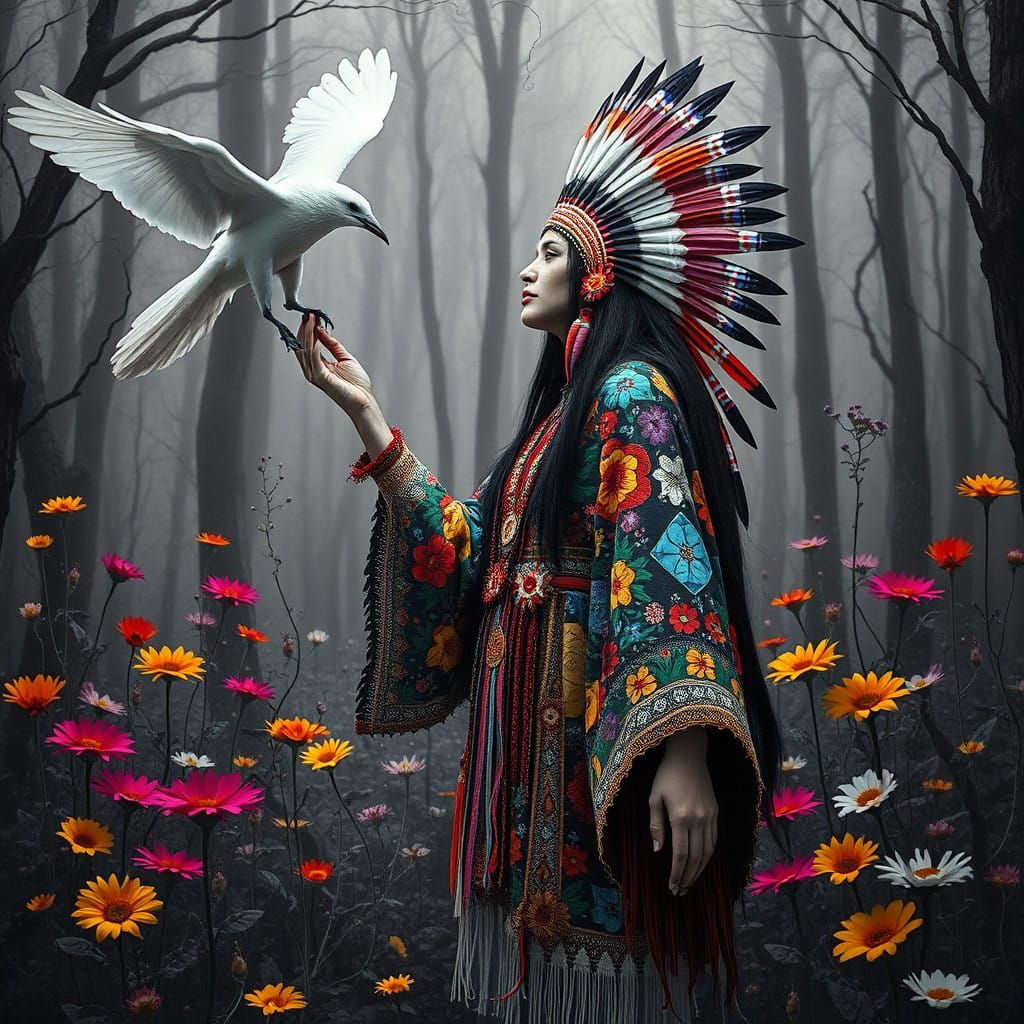 Surrealist Spirit Woman Adorned in Native American Patchwork...