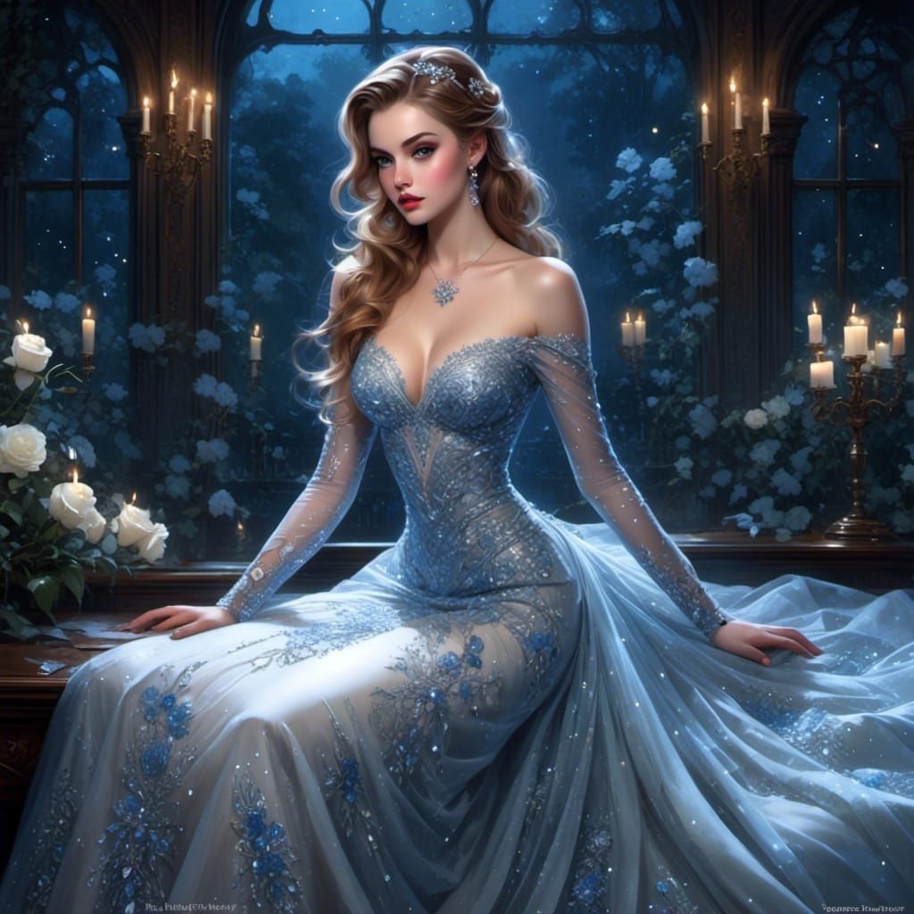Ethereal Starfall Gown of Blue Gems and Diamonds